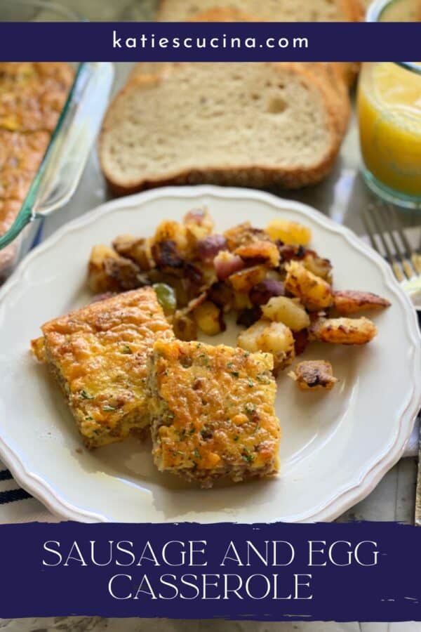 White plate with 2 egg squares with breakfast potatoes with recipe title text on image for Pinterest.