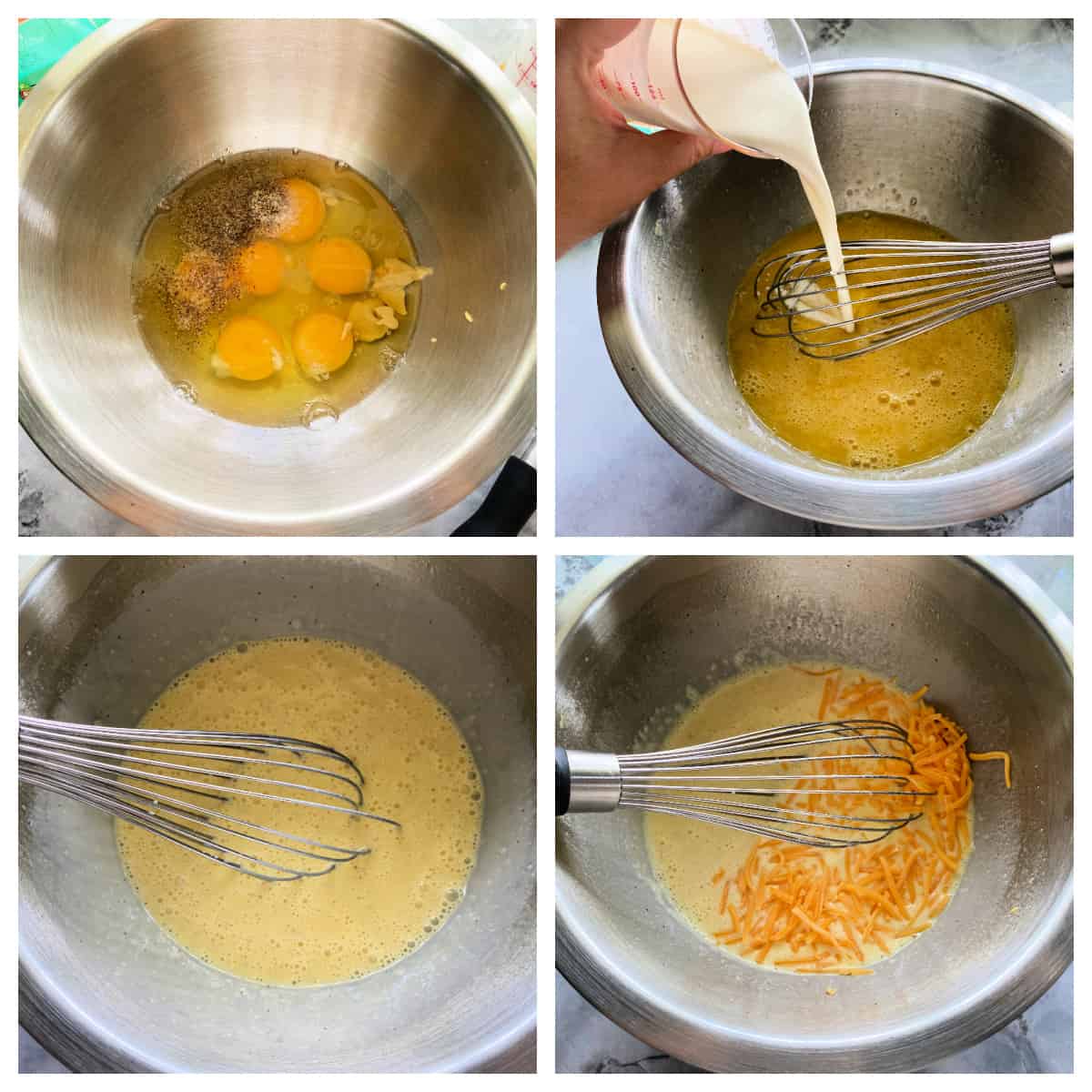 Four process shots of a metal bowl with eggs and a whisk with shredded cheese.