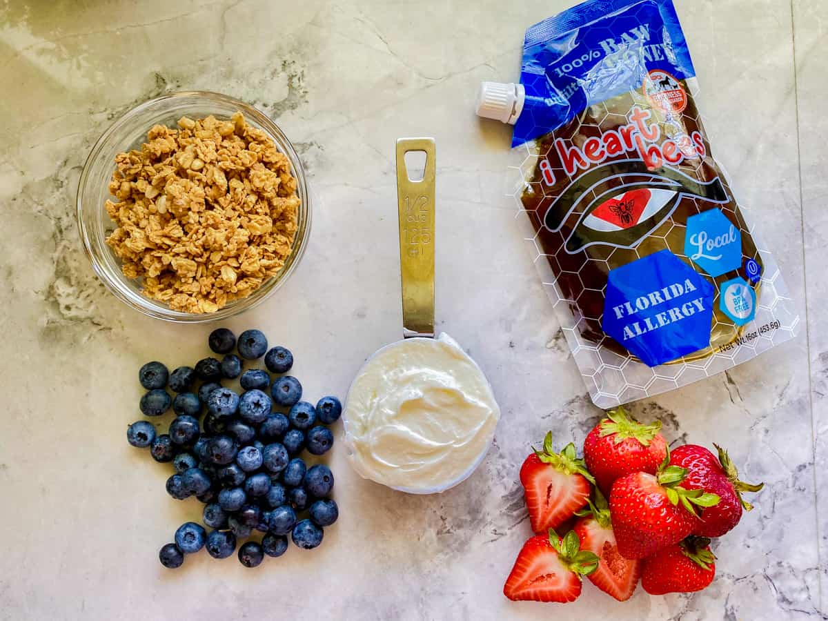 Ingredients on counter; granola, blueberries, yogurt, strawberries, and honey.