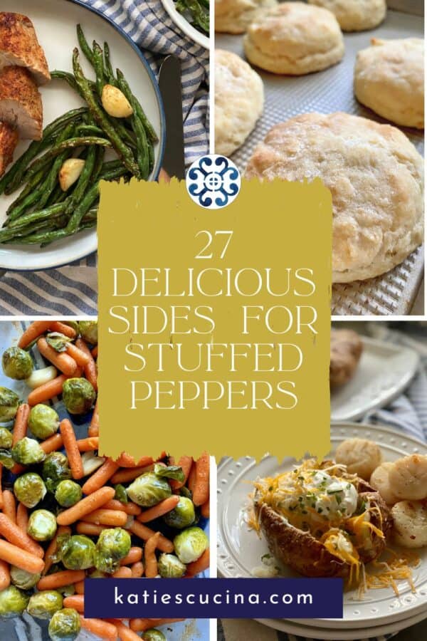 green beans, biscuits, carrots and brussels, and baked potato with recipe title text on image for Pinterest.