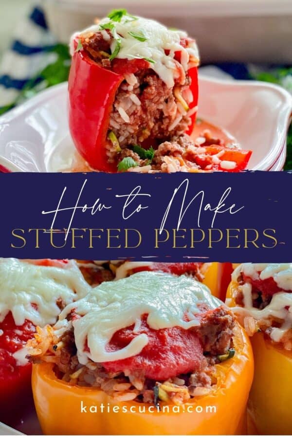 Red bell pepper cut in half with meat and rice exposed divided by recipe title text on image with baked pepeprs with melted cheese on top.