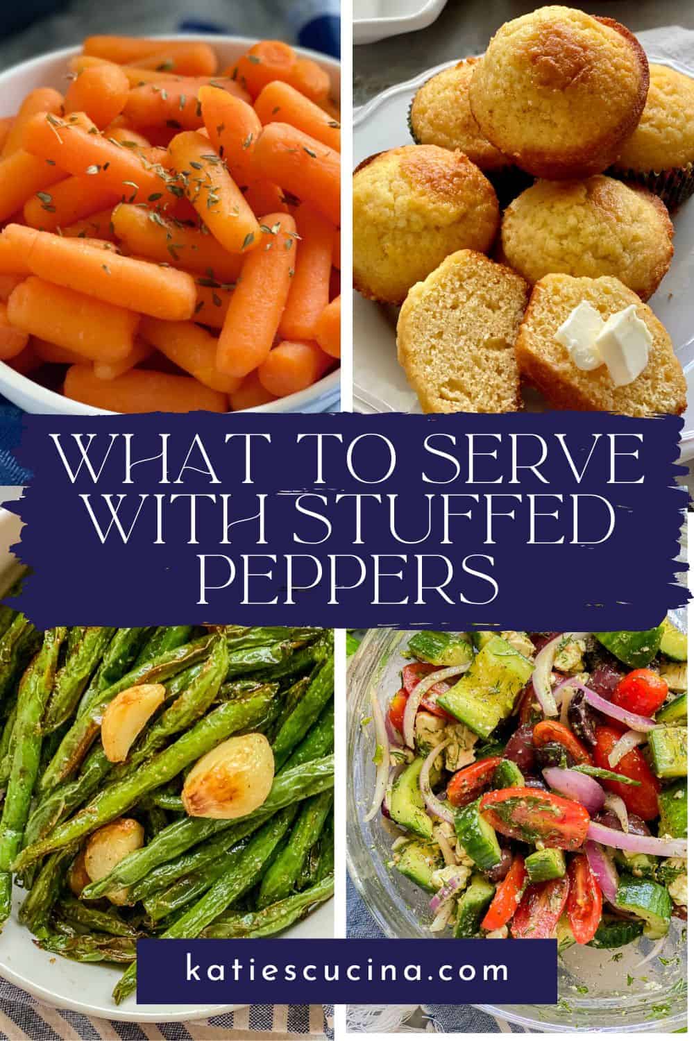four side dishes; carrots, green beans, cornbread muffins, and salad with text on image for pinterest.