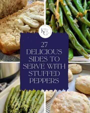 buttered bread, green beans, asparagus, and biscuits with recipe title text on image for Pinterest.