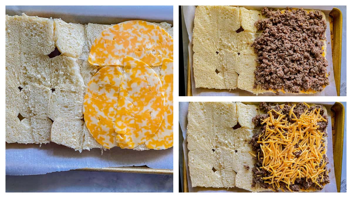 bread cut in half with cheese and a 2 more photos of ground beef and shredded cheese on top of the cut bread.