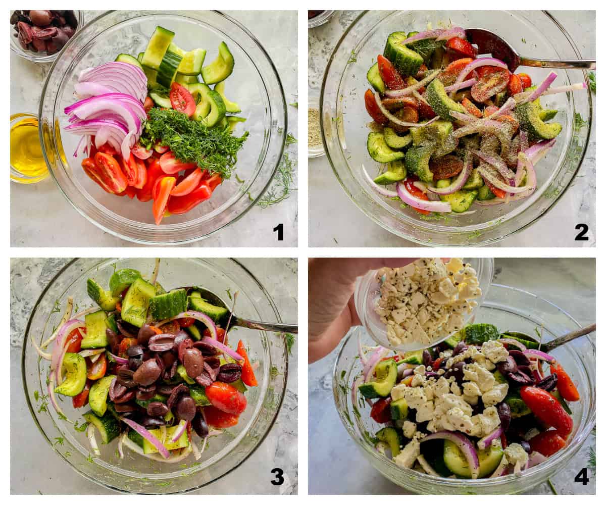 four process shots; 1 glass bowl with cucumbers, tomatoes, onions, and dill. 2. mixed otgether with seasoning, 3. with olives added 4. adding feta to the veggie bowl.