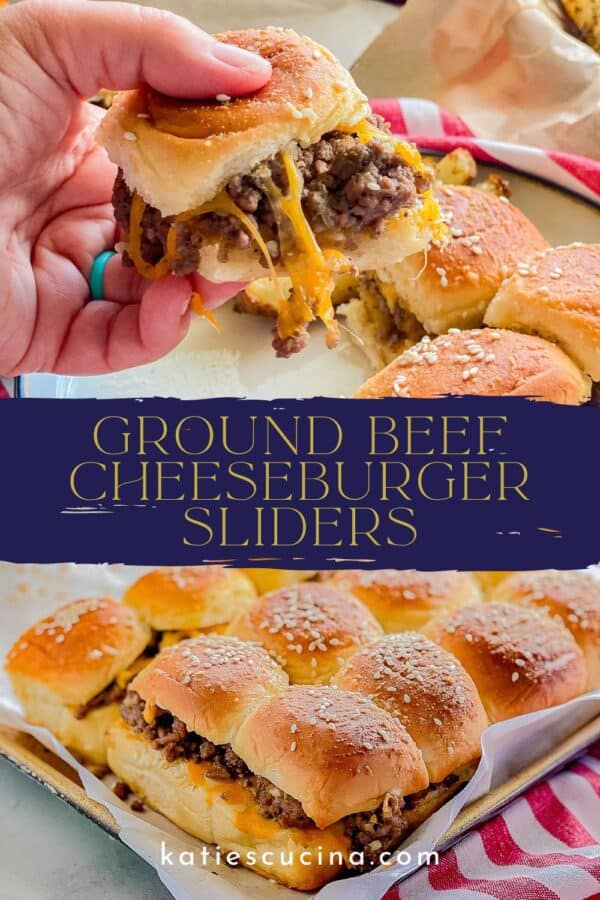 Hand holding a beef and cheese slider divided by recipe title text on image for Pinterests with 12 sliders on a baking tray below.