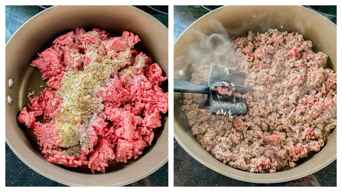 Raw ground beef in a skillet with another photo of it cooked with a meat grinder stick.