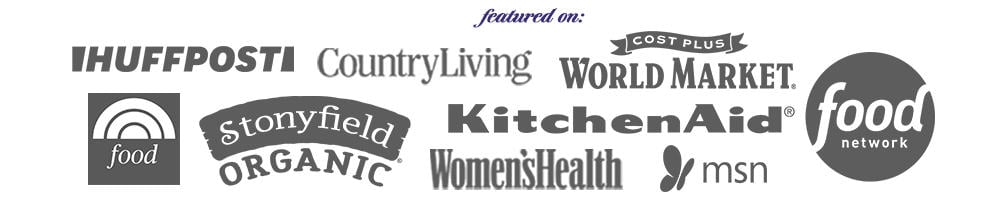logos of places Katie's Cucina has been featured on; food network, KitchenAid, Stonyfield, Country LIving, Women's Health, etc.