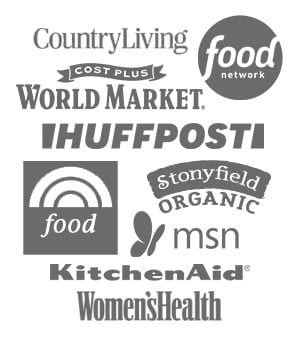 brand logos in collaage; food network, MSN, kitchenaid, country living, world market, etc