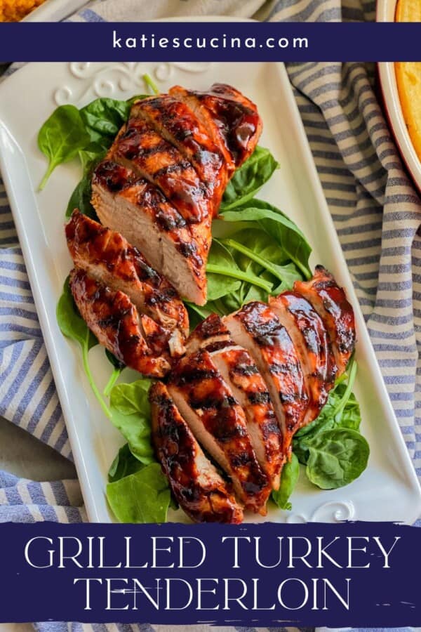 White platter filled with grilled barbecue sliced turkey with recipe title text on image for Pinterest.