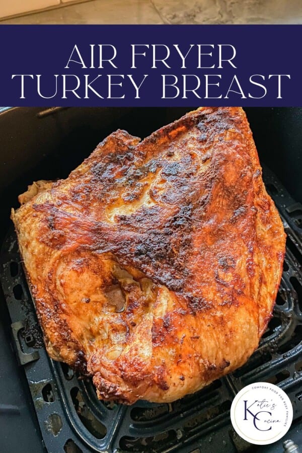 Cooked golden turkey breast with recipe title text on image for Pinterest.