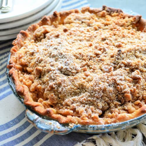 Glass plate filled with an apple pie with powdered sugar.