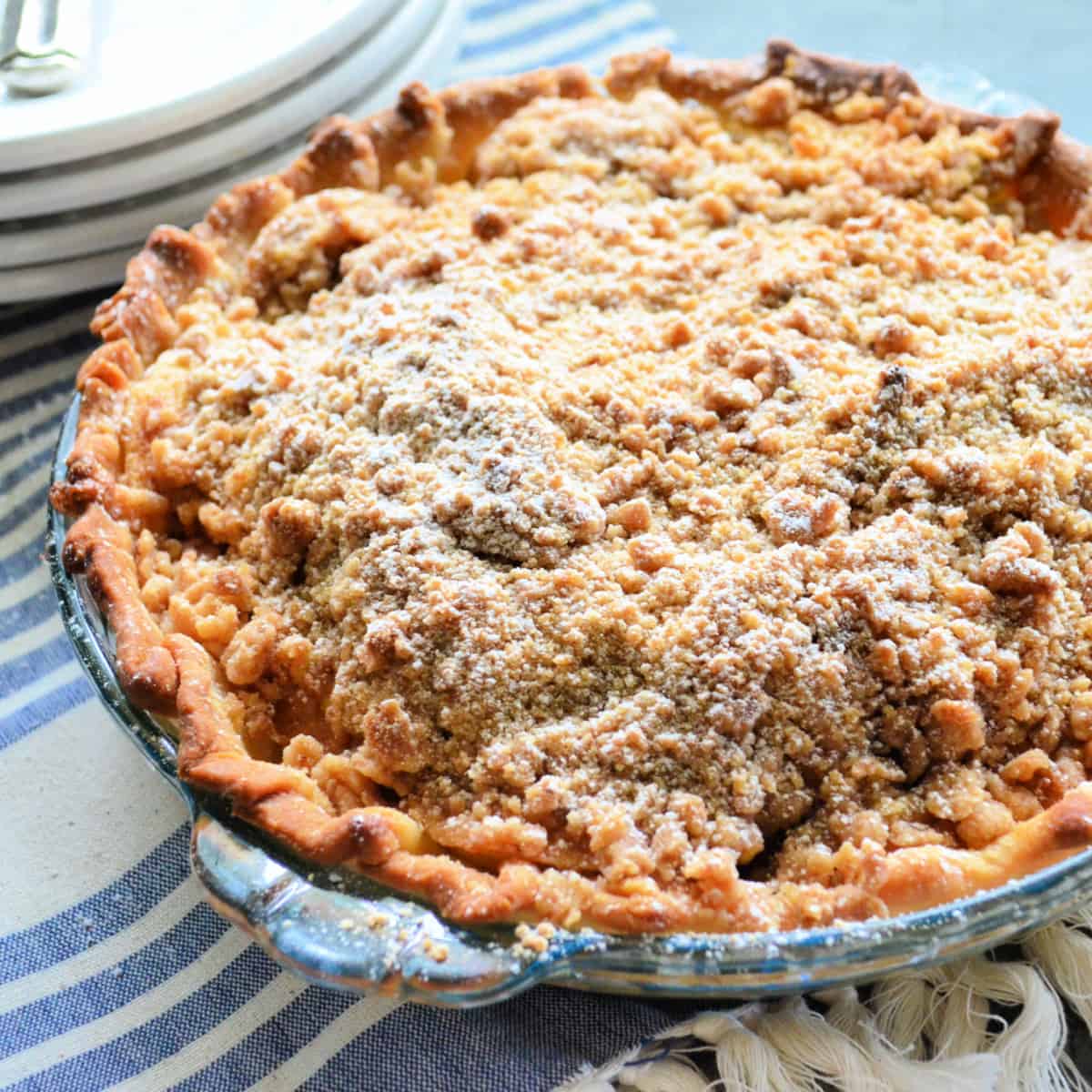 Glass plate filled with an apple pie with powdered sugar.