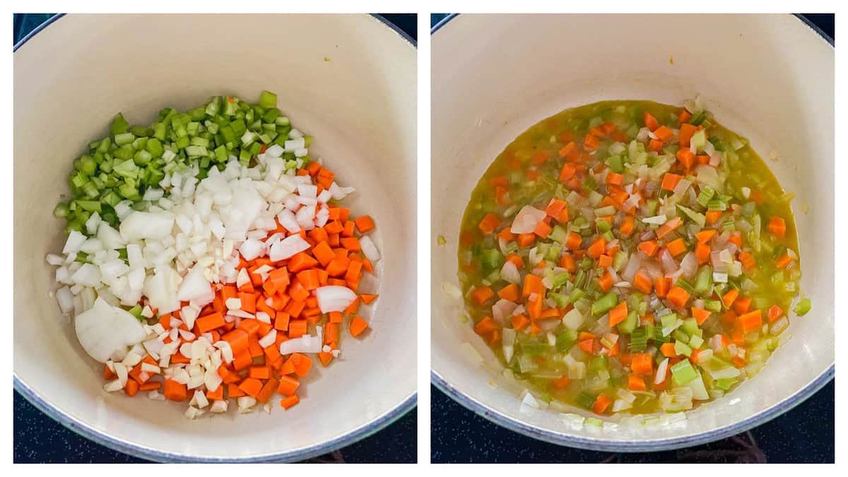 White pot filled with onions, celery, and carrots with another photo of celery, carrots, and onions.