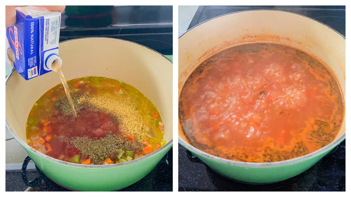 Hand pouring broth filled with liquid into a pot, right photo of bubbling red soup.