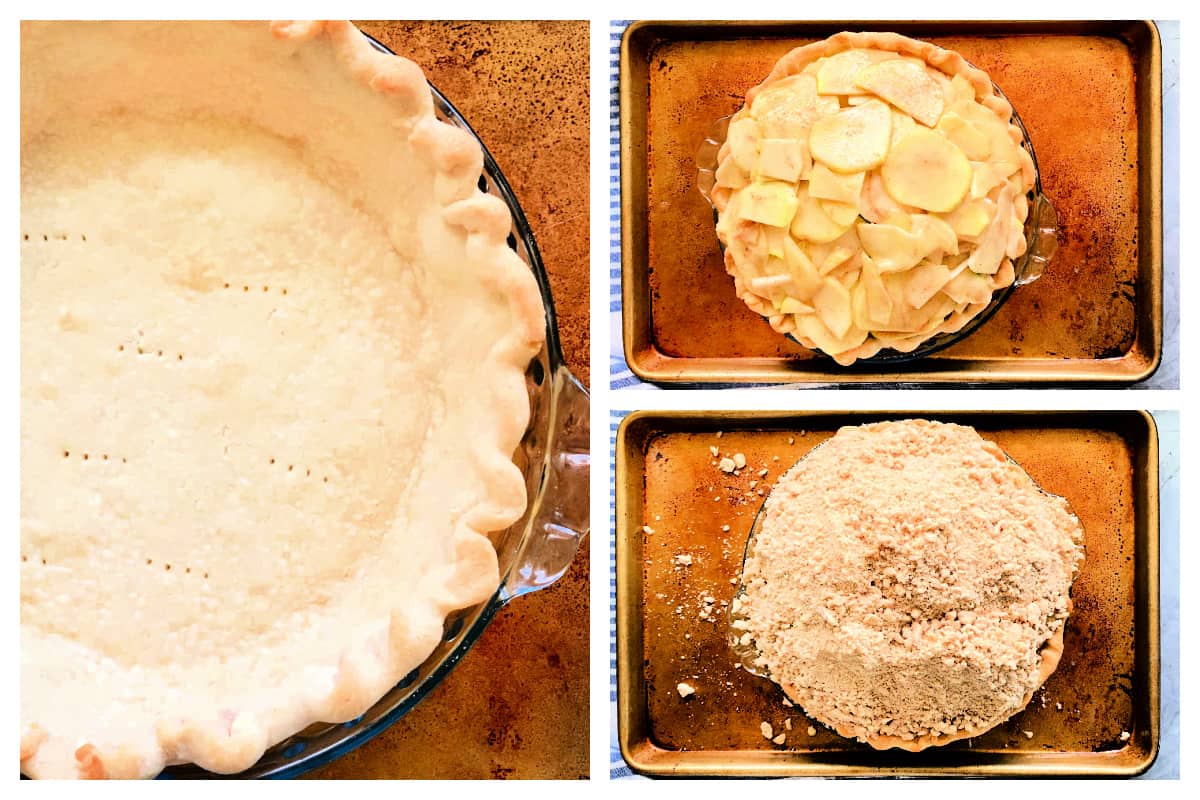Cooked pie crust, apples filled in pie crust and topped with crumb topping.