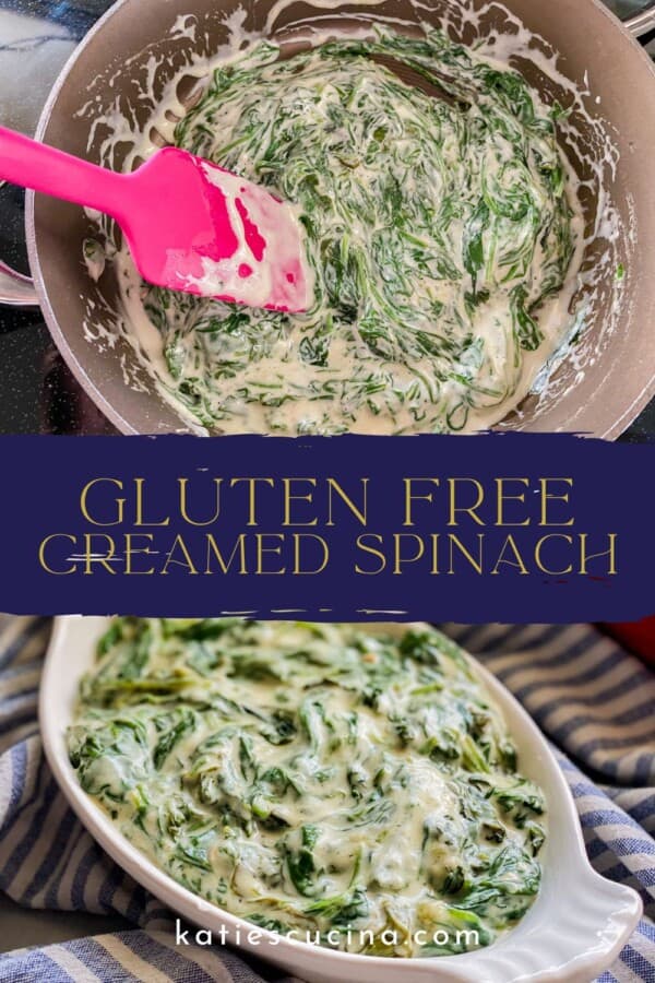 Pot filled with creamed spinach and pink spatula divided by recipe title text with a white oval dish below.