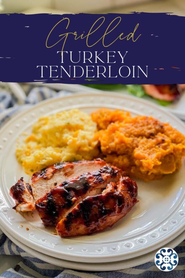 Two white plates stacked with sliced barbecue sauce turkey, sweet potatoes, and corn casserole with recipe title text on image for Pinterest