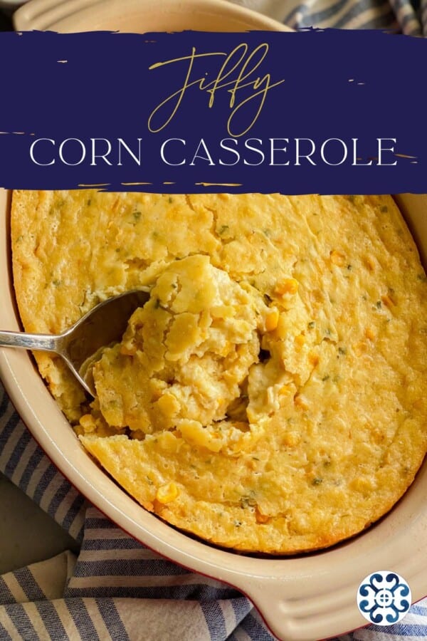 Oval casserole dish with a spoon scooping out a yellow pudding with recipe title text on image for Pinterest.