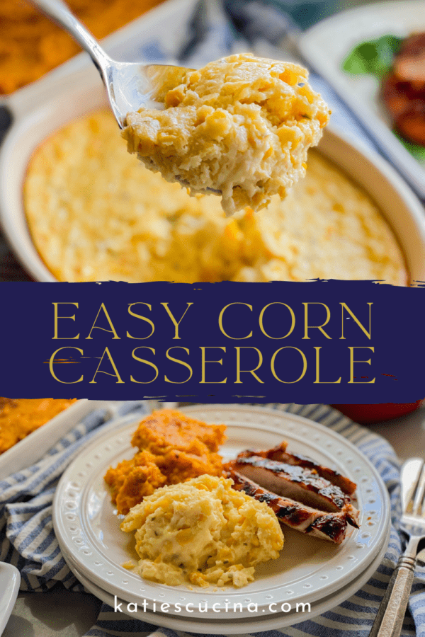 Spoon holding corn casserole divided by text on image with photo below of white plate filled with casseroles and turkey.