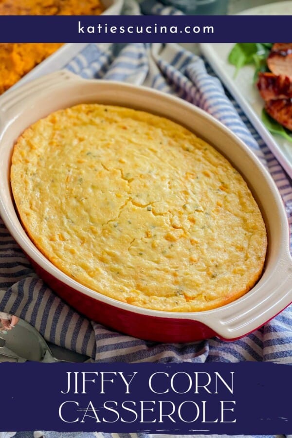 Red oval casserole dish filled with a yellow pudding with recipe title text on image for Pinterest.