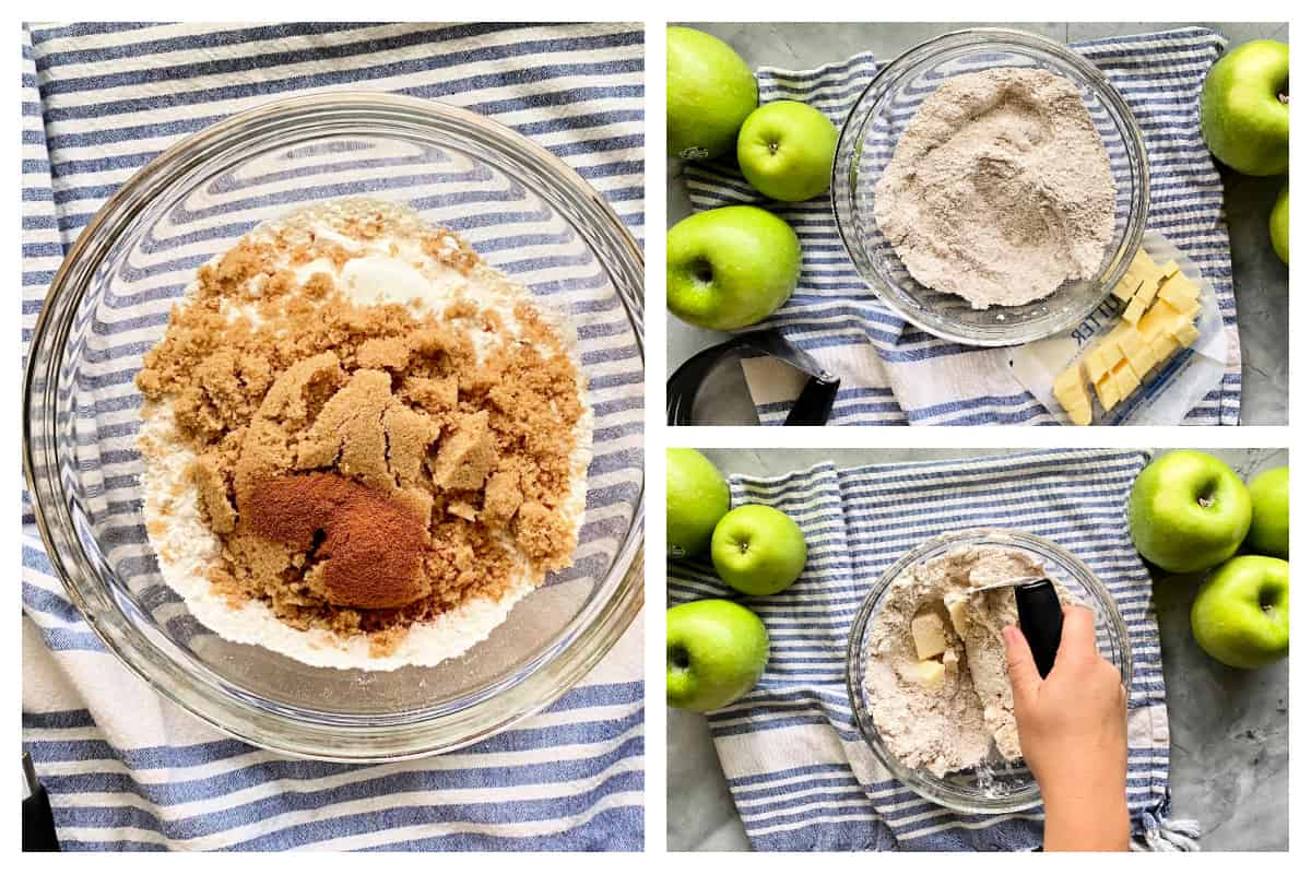 Glass bowl filled with sugar and flour, second top right photo of mixture, apples, and butter, bottom right photo of hand mixing butter with flour.