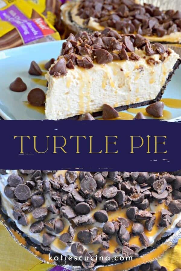 Slice of Turtle Pie on a blue plate divided by recipe title text on image for Pinterest with a pie underneath text.
