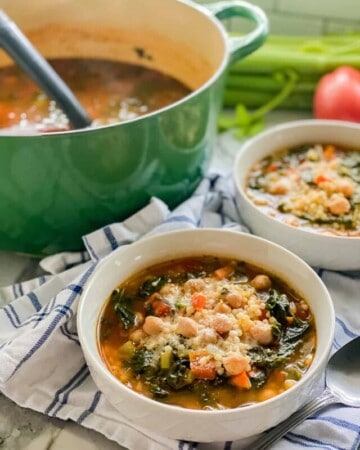 Two white bowls filled with veggies soup with a green pot filled with soup and black ladle.