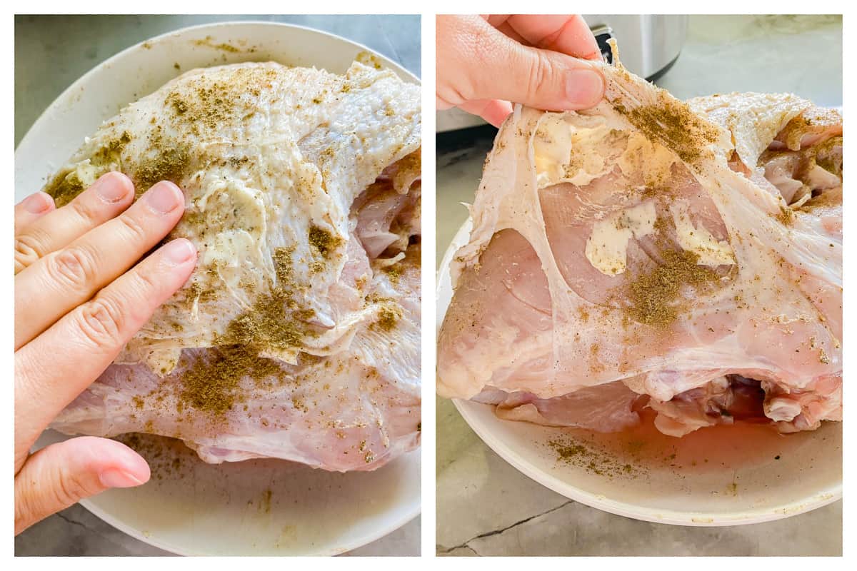 Hand rubbing seasoning on a raw turkey breast and another photo on the right of a hand pulling up the skin on the turkey with butter and seasoning under skin.