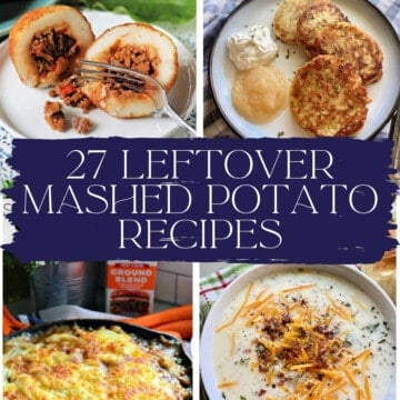 Potato rollenas, mashed potato cakes, potato soup, and shepherds pie with recipe title text on image for Pinterest.