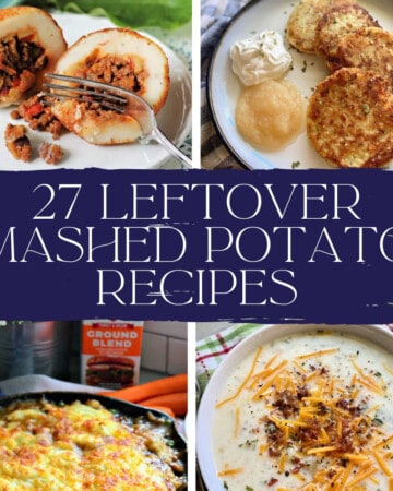 Potato rollenas, mashed potato cakes, potato soup, and shepherds pie with recipe title text on image for Pinterest.