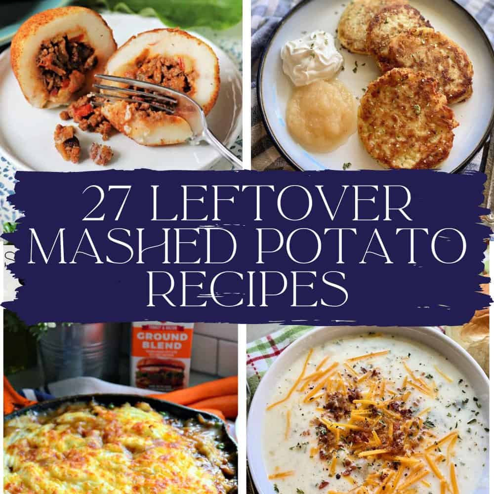 Potato rollenas, mashed potato cakes, potato soup, and shepherds pie with recipe title text on image for Pinterest.