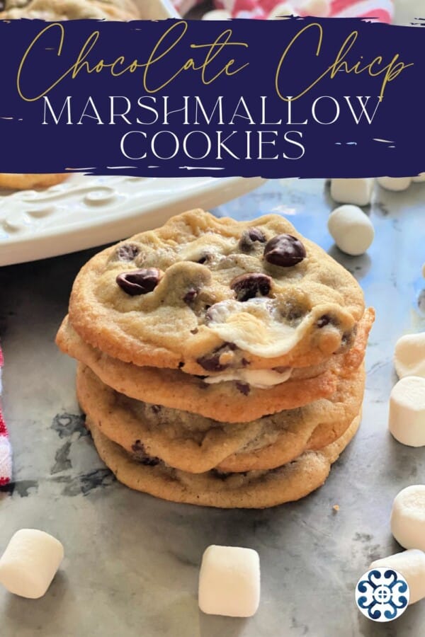 Four cookies stacked on a marble counter with recipe title text on image for Pinterest.