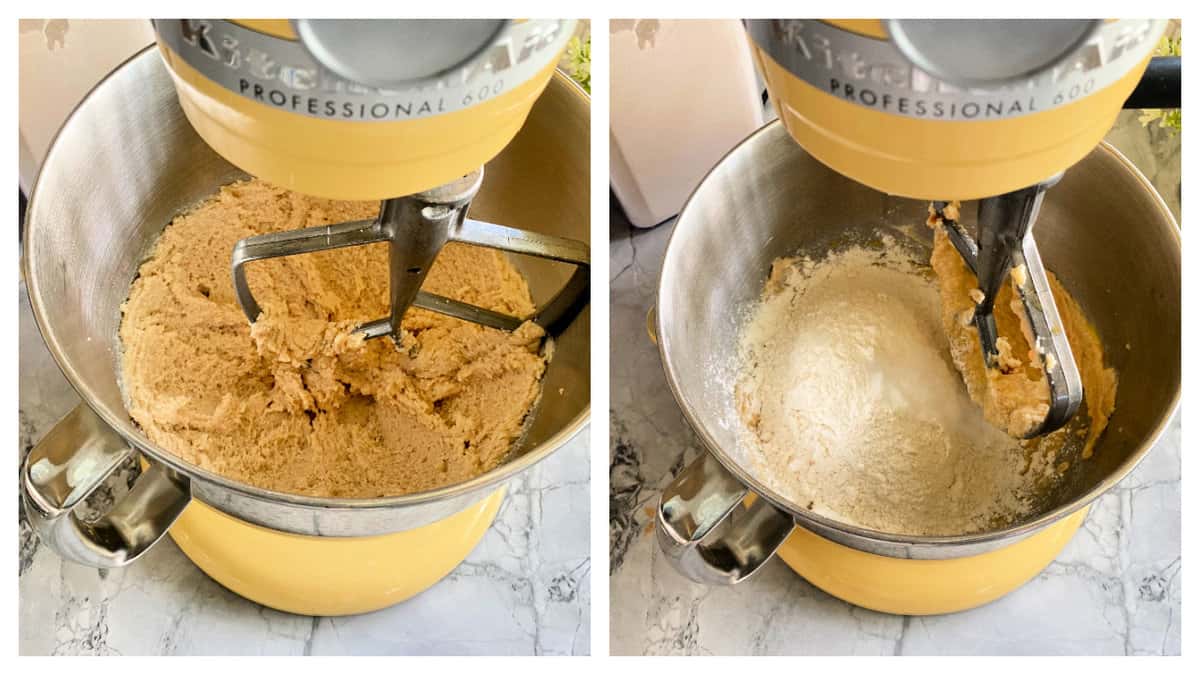 left: cookie dough batter in a KitchenAid stand mixer. Right: Flour added to the cookie dough batter.