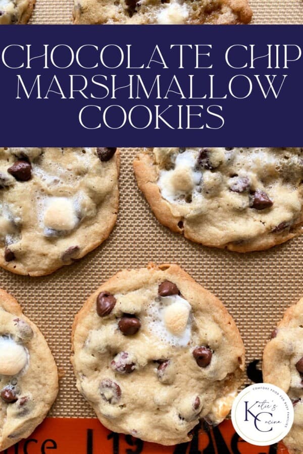 Baked cookies on a baking sheet with recipe title text on image for Pinterest.