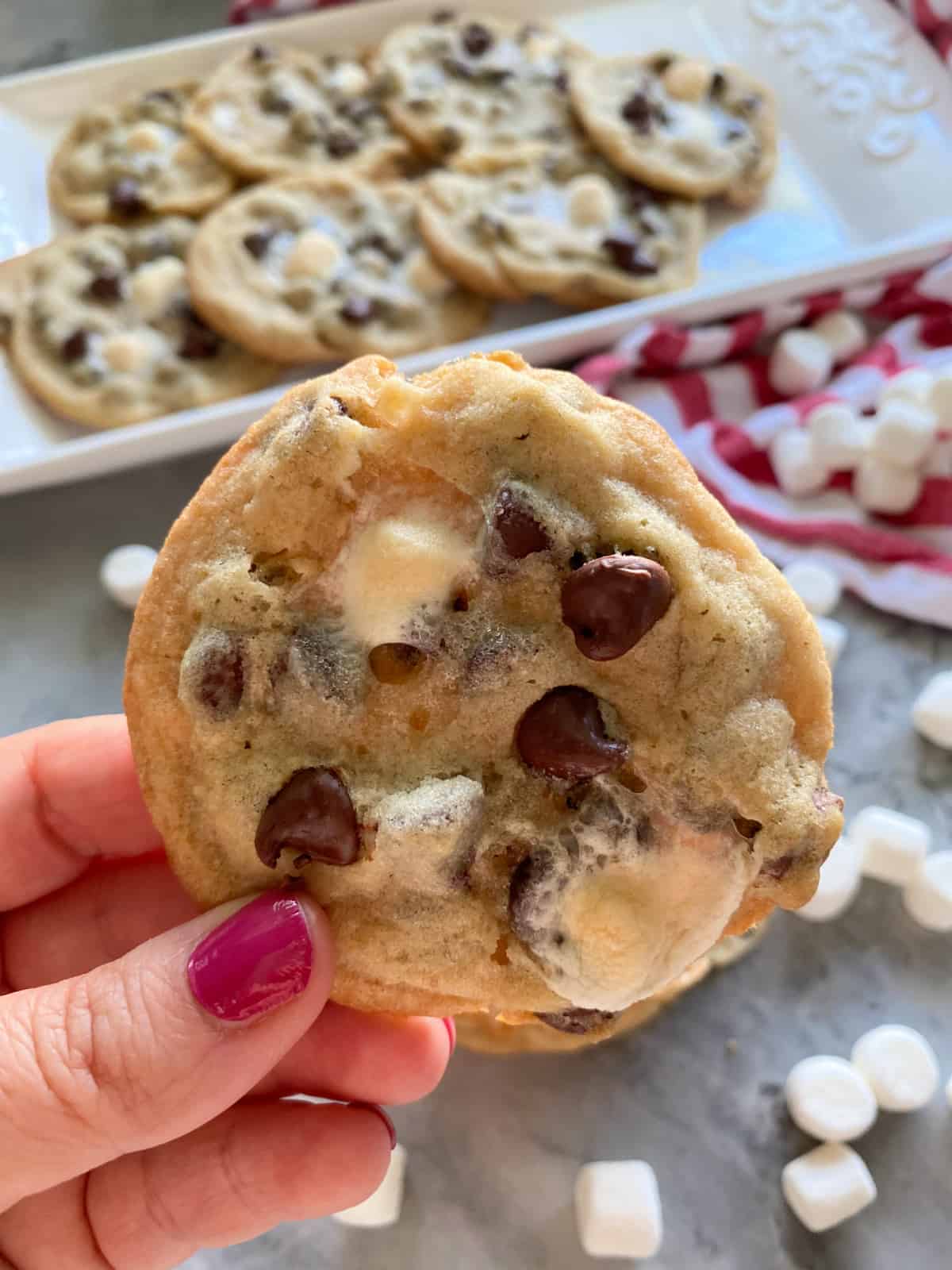 Female hand with pink nails holding a chocolate chip cookie with marshmallows.