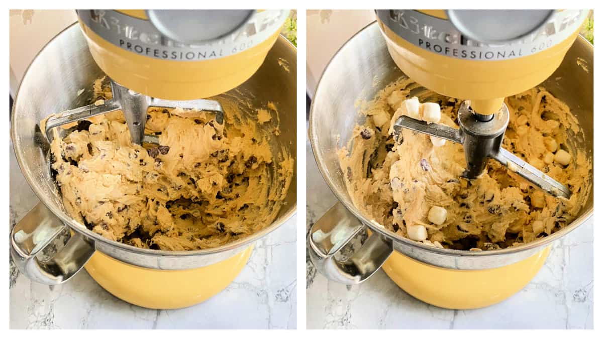 left: yellow kitchenaid mixer mixing chocolate chip cookie dough. Right: marshmallows added to the bowl.