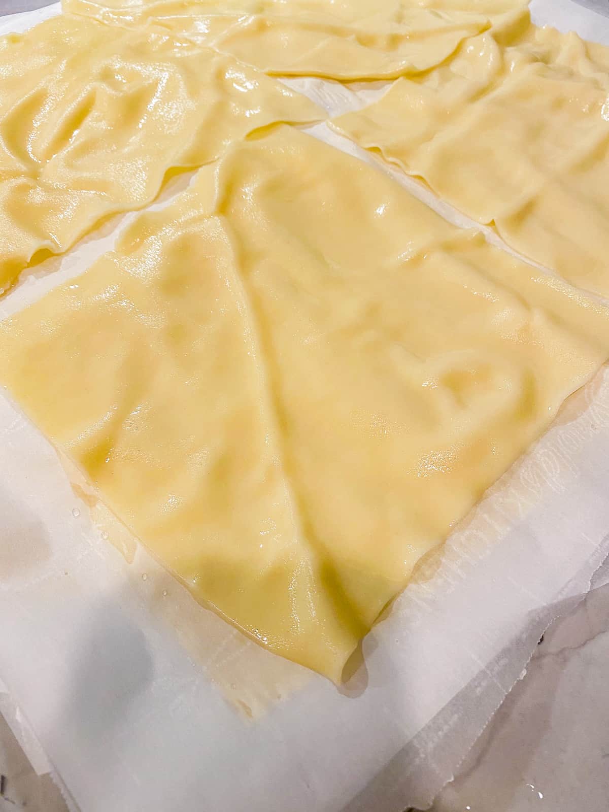 Cooked pasta sheets on parchment paper.