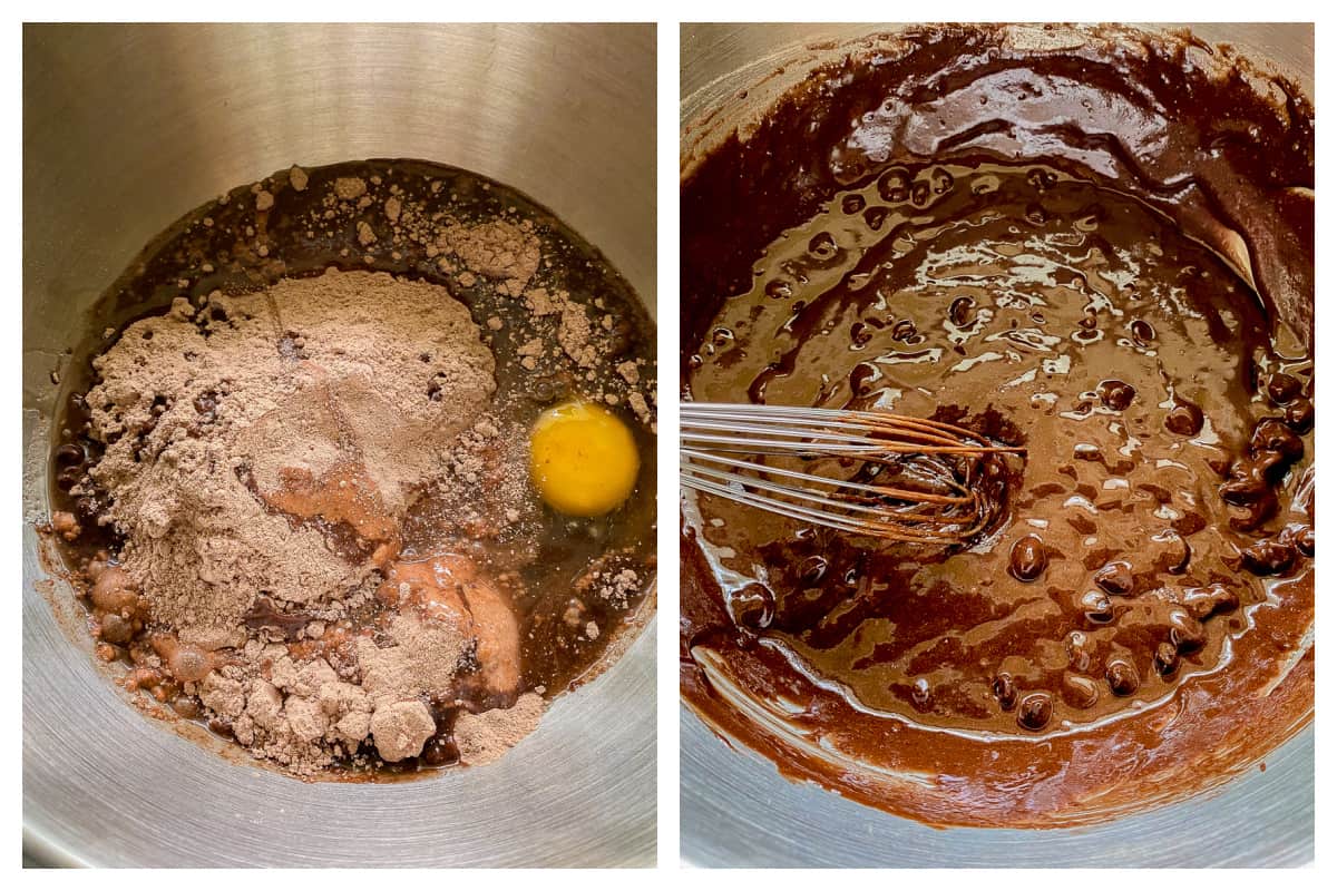 left side: metal bowl with brownie mix, oil, water, and egg. Right side: whisk in silky smooth brownie batter.