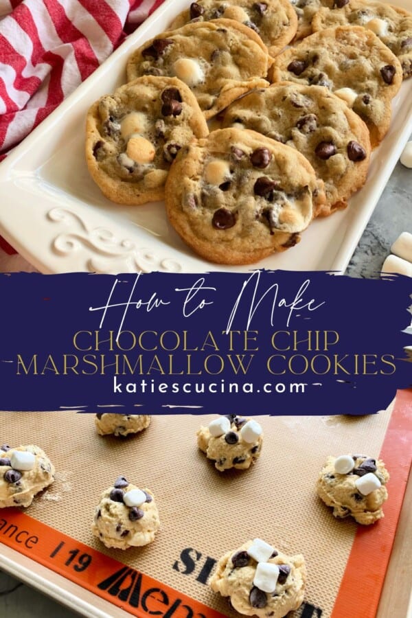 White platter filled with cookies divided by recipe title text with raw cookie dough balls on a baking tray below.