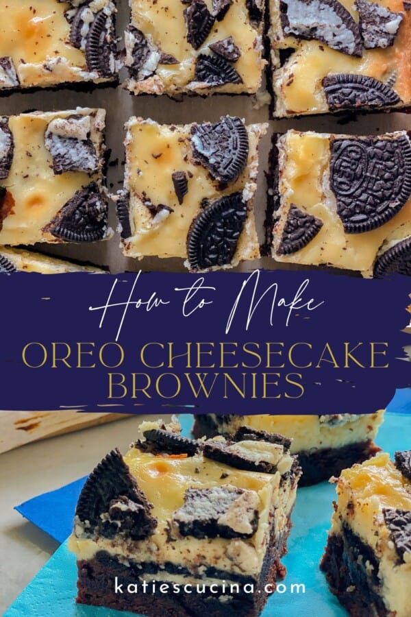 Sliced OREO cheesecake bars dividied by recipe title text with a slice of cheesecake brownie bar on a blue napkin below.