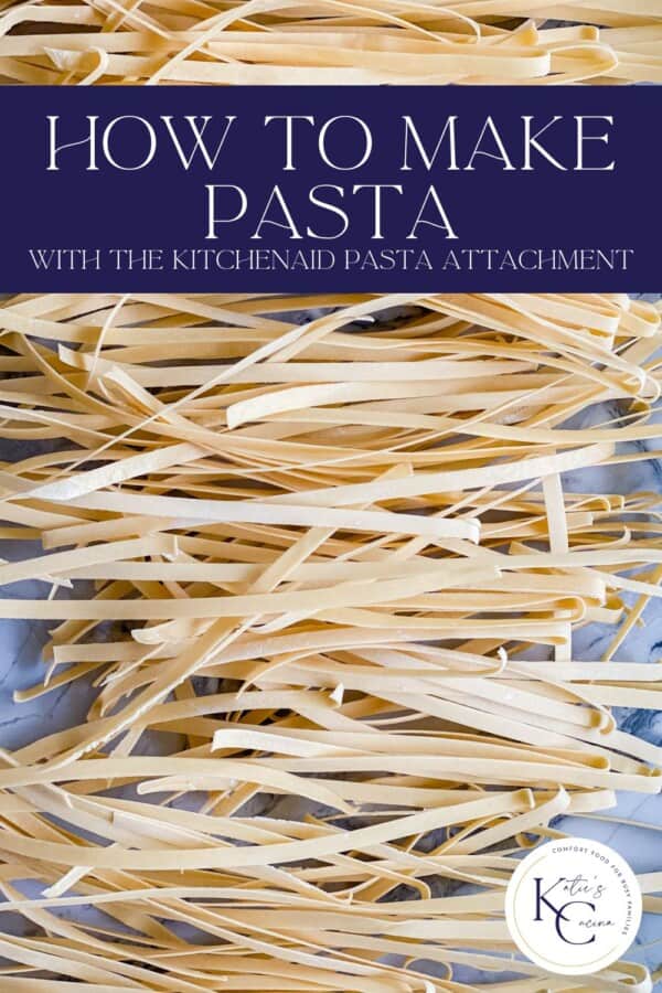 Strands of dried pasta with recipe title text on image for Pinterest and logo in the right corner.