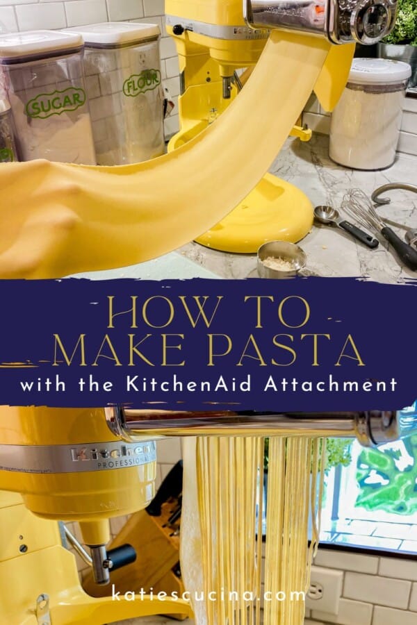 Yellow KitchenAid stand mixer with pasta dough sheet going through a roller divided by recipe title text on image for Pinterest with spaghetti through the attachement.