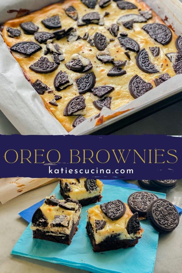 Square baking dish filled with cheesecake and OREO bars divided by recipe title text with three slices of bars on bottom.