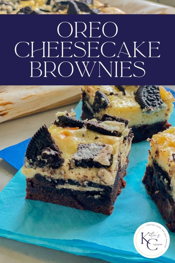 Brownie with an OREO in the middle and cheesecake on top with recipe title text on image.
