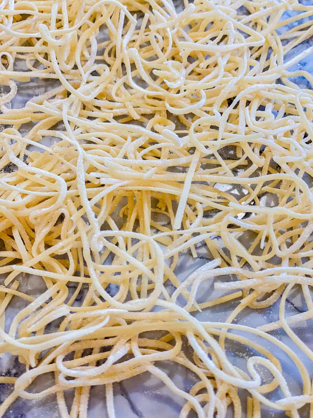 Fresh spaghetti dough on a countertop.