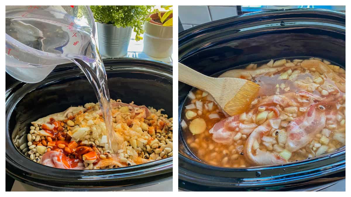 left side; water being poured in a black slow cooker. right side: wooden spoon mixing liquid and bacon.