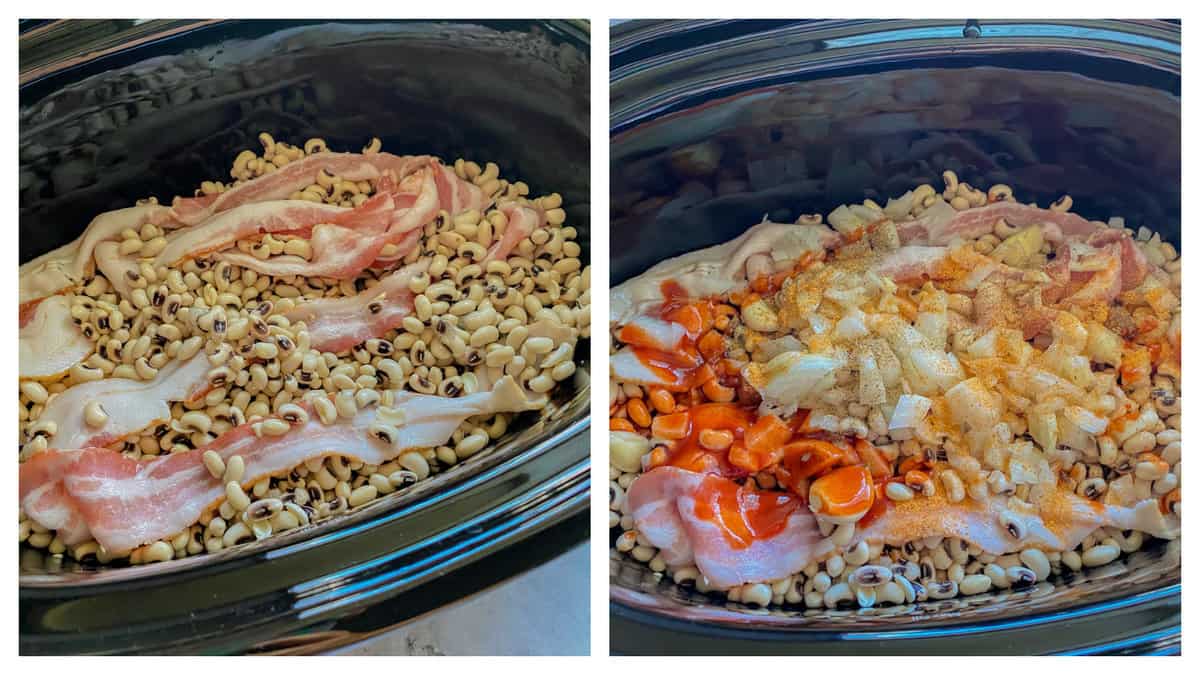 left side; bacon on top of black eyed peas. right side: seasonings and onions on top of black eyed peas.