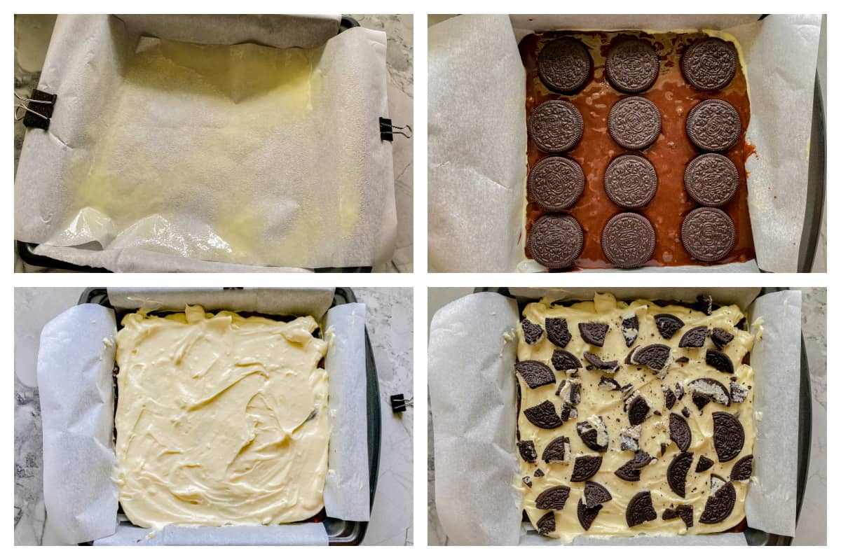4 process shots layering brownie batter, OREO's, cheesecake, and chopped OREO's.