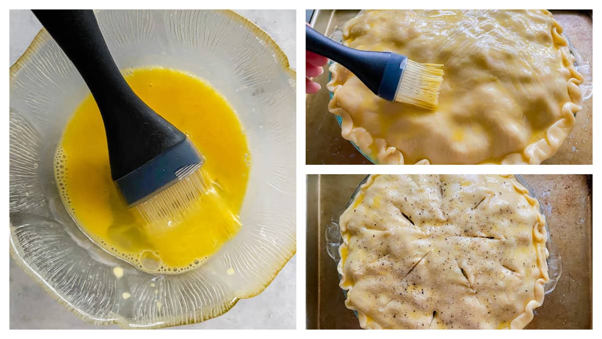 Glass bowl filled with egg wash and a silicone brush. Top right: silicone brush brushing on egg wash on top of pie crust. Bottom right: slits cut in raw pie dough on pie plate.